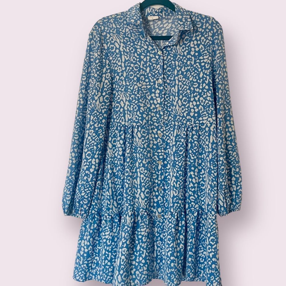 Silk & Salt-Long Sleeved Mini Dress, Blue Cheetah/Leopard Size L